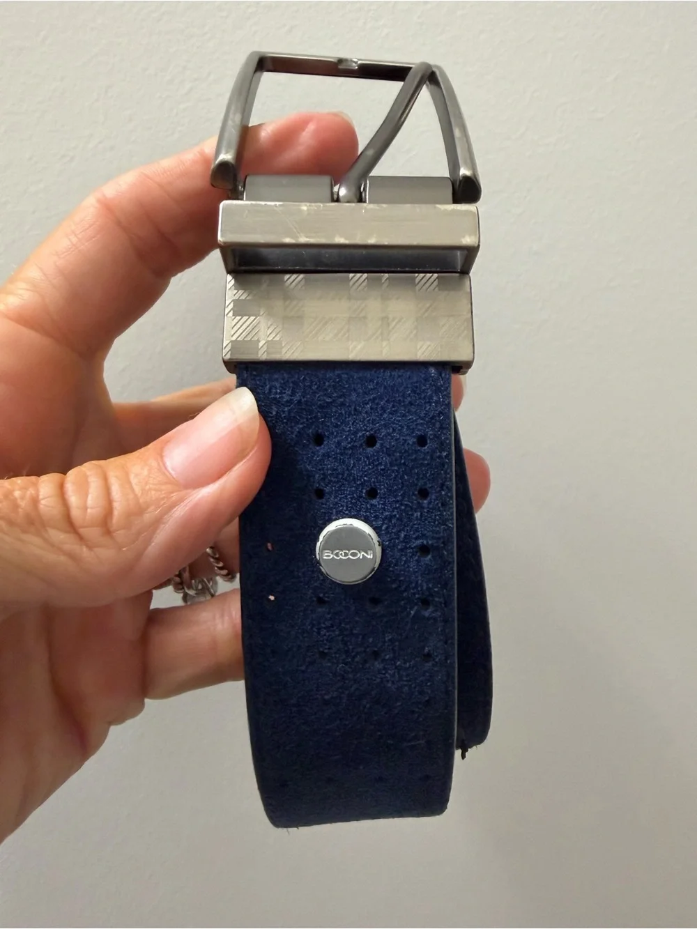 Boconi Navy Suede Perforated Belt with Brushed Metal Buckle